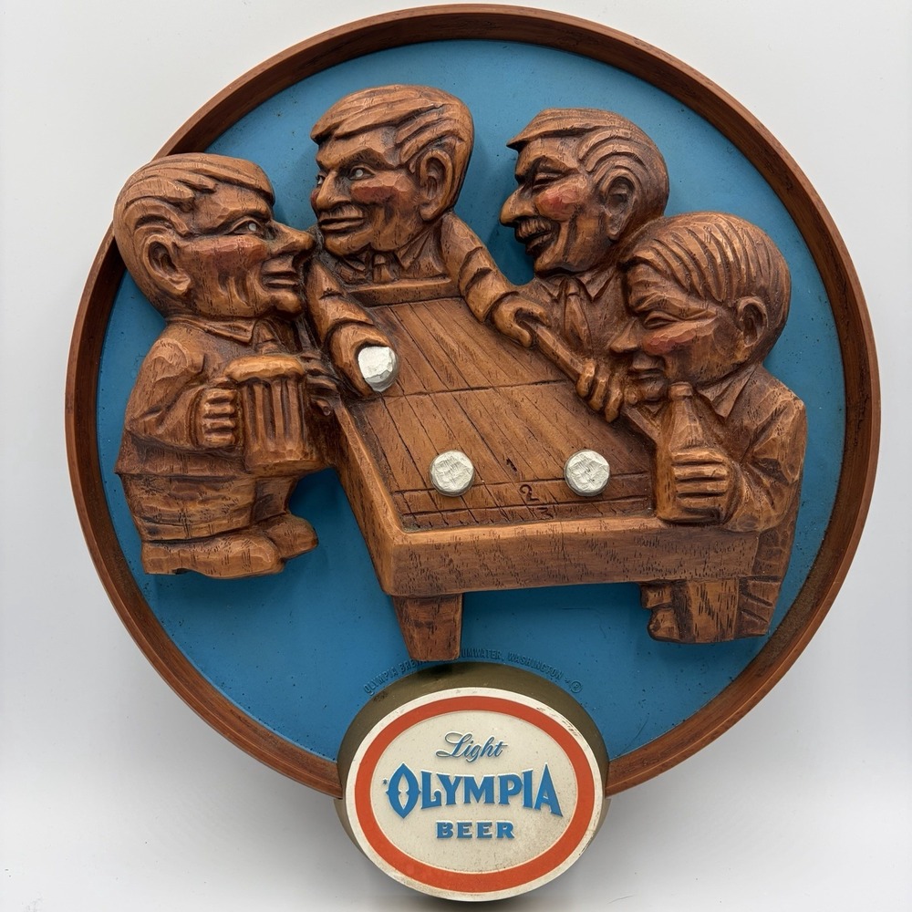 Vintage Light Olympia Beer 3D Men Playing Shuffleboard Plastic Wall Sign 13"x14"